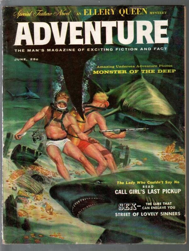 Adventure 6/1959-shark terror cover-Ellery Queen pulp fiction-cheesecake pix-VG-