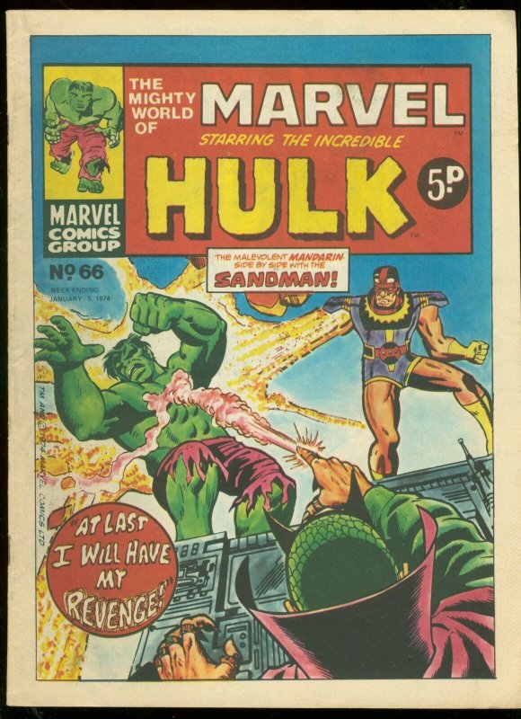 MIGHTY WORLD OF MARVEL #66 1974-HULK COVER-BRITISH VG