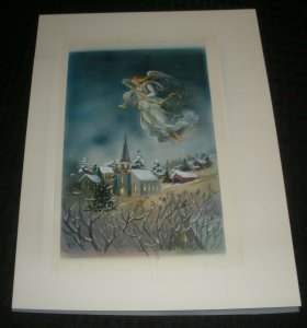 CHRISTMAS Angel w/ Trumpet Over Church Town 8.25x11 Greeting Card Art #nn