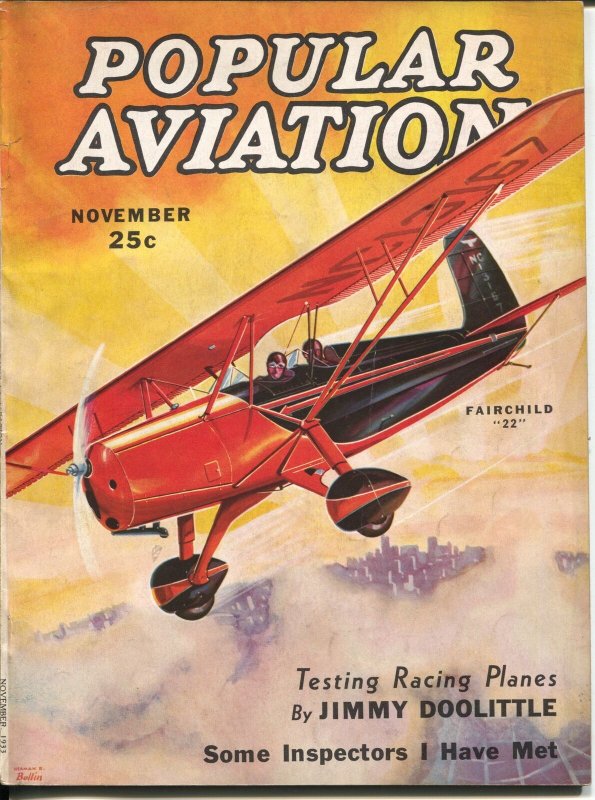 Popular Aviation 11/1933-HR. Bollin Fairchild 22 cover-Doolittle-Curtiss-VG