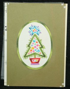 Original Christmas Greeting Card Art - Tree Blue Star Red Pot in Green Circle