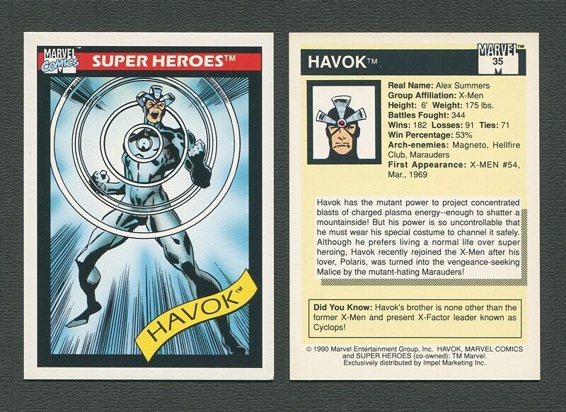 1990 Marvel Comics Card  #35  (Havok)   NM-MT