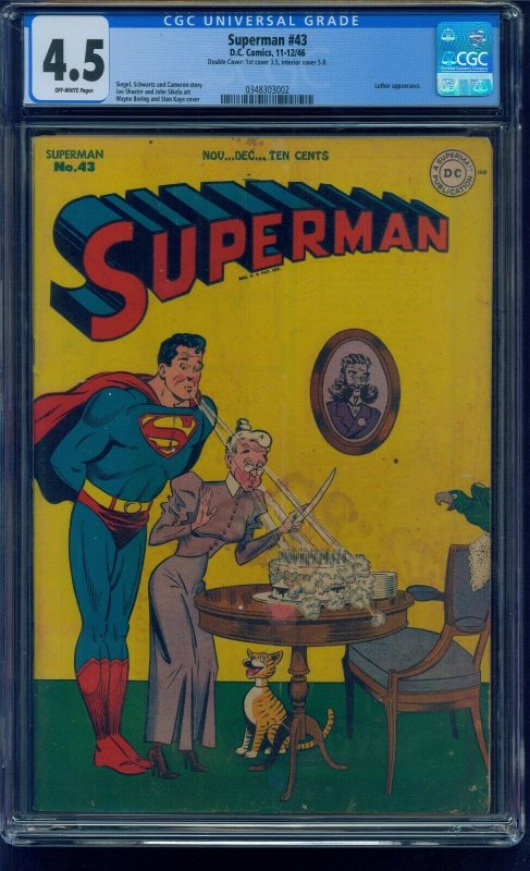 Superman #43 1946 Last Shuster Art! CGC 4.5 OW Super RARE Double Cover Error!