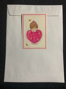 HAPPY VALENTINES DAY Cute Girl w/ Love You Pillow 4x5.5 Greeting Card Art V3401