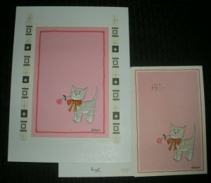 GET WELL SOON Cute Cartoon Kitten w/ Pink Flower 5.5x9 Greeting Card Art #9277