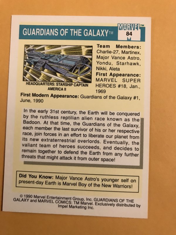 GUARDIANS OF THE GALAXY #84 : 1990 Marvel Universe Series 1 card, NM/M Rookies