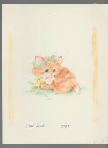 ON YOUR BIRTHDAY Cute Orange Kitten w/ Flowers 7x9.5 Greeting Card Art #B8062