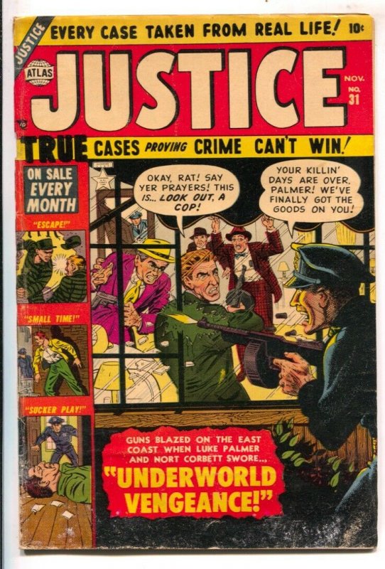 Justice #31 1952-Atlas-violent cover art by Sol Brodsky-tommy gun-George Tusk...