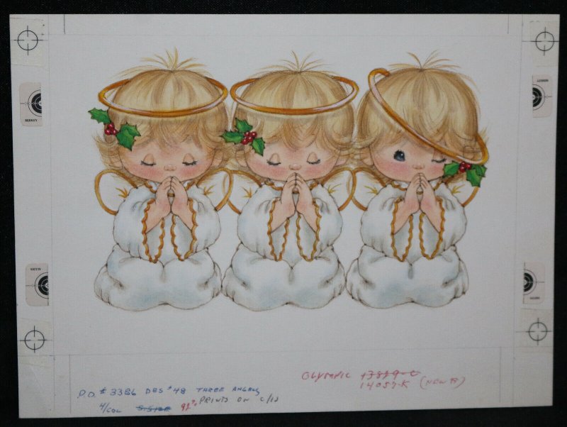 3 Cherub Angels Praying Original Christmas Greeting Card Painted Art