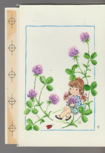 BIRTHDAY Cute Girl Holding Purple Flowers Ladybug 4.5x7 Greeting Card Art #B8110