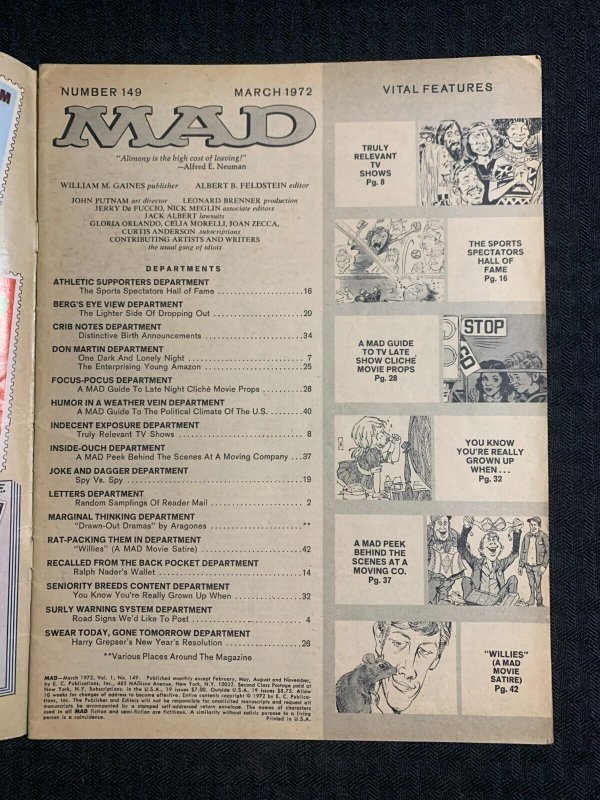 1972 MAD Magazine #149 G/VG 3.0 Alfred E Neuman / Willard Parody