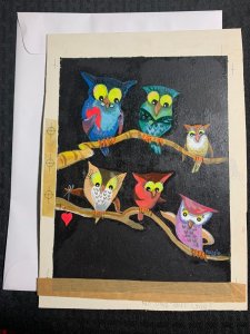 HAPPY VALENTINES DAY Six Painted Owls w/ Hearts 8.5x12 Greeting Card Art V3453