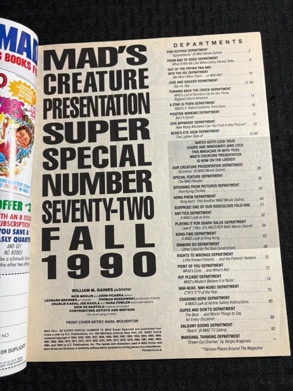 1990 MAD SUPER SPECIAL Magazine #72 VG/FN 5.0 Our Creature Presentation
