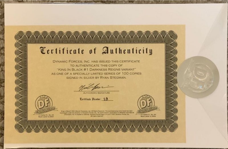 KING IN BLACK #1 DARKNESS REIGNS VARIANT SIGNED IN SILVER BY RYAN STEGMAN W/COA