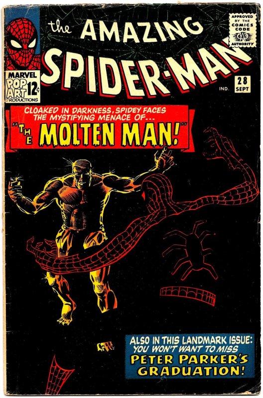 AMAZING SPIDER-MAN #28 (Sep1965) 6.0 FN  1st MOLTEN MAN!  Peter Graduates HS!
