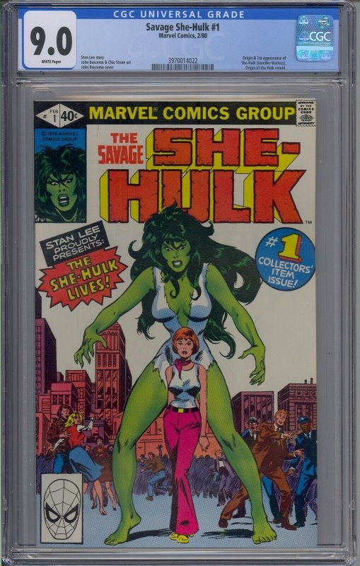 SAVAGE SHE-HULK #1 CGC 9.0 1ST JENNIFER WALTERS WHITE PAGES 4022 