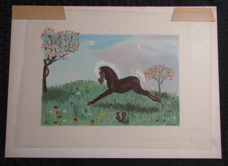 ANNIVERSARY Painted Brown Horse w/ White Mane 15x11 Greeting Card Art #A6191