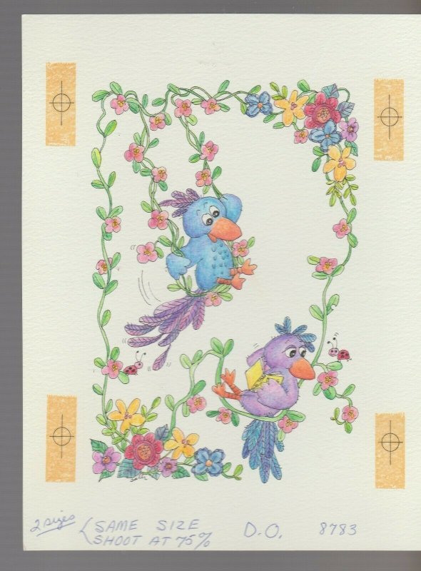 THANK YOU NOTE Cartoon Birds on Swing w Flowers 7x9 Greeting Card Art #8783