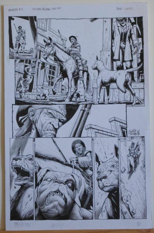 TIMOTHY TRUMAN original art, HAWKEN #3, Pg #1, 3 Legged Dog, 11x17, 2011