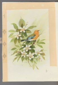 ENGAGEMENT Pink Bird on Branch w/ White Flowers 6.5x9 Greeting Card Art #EN1302