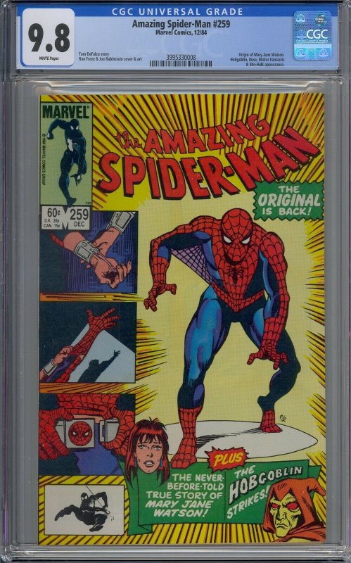 AMAZING SPIDER-MAN #259 CGC 9.8 SHE-HULK ORIGIN OF MARY JANE WATSON WHITE PAGES