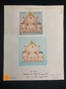 HOGS AND KISSES Three Cute Pigs with Hearts 9x11 Greeting Card Art #4061