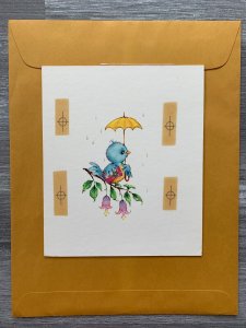 A SHOWER GIFT Blue Bird w/ Umbrella 6x7.5 Greeting Card Art 693 w/ 3 Cards