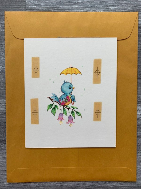 A SHOWER GIFT Blue Bird w/ Umbrella 6x7.5 Greeting Card Art 693 w/ 3 Cards