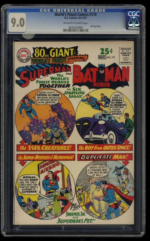 World's Finest Comics #170 CGC VF/NM 9.0 Off White to White Batman Super...