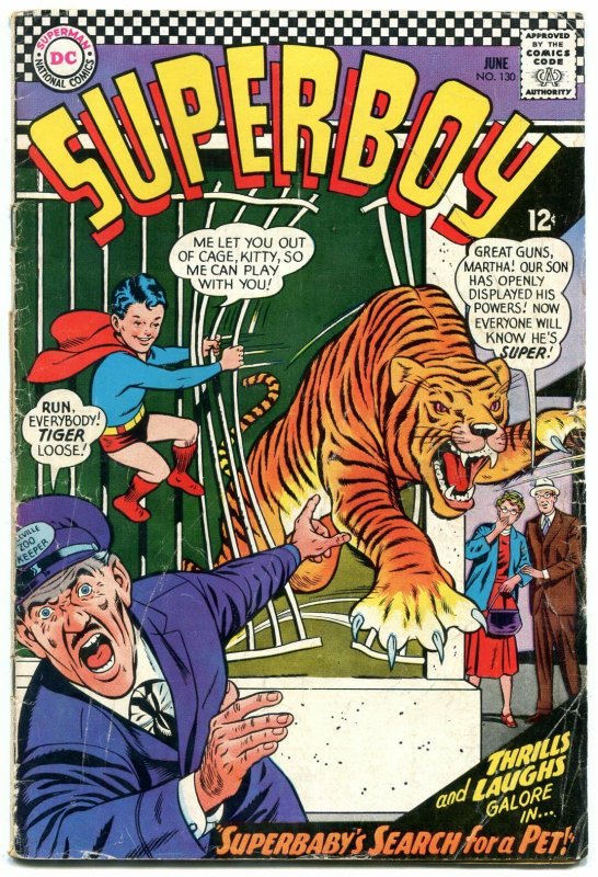 SUPERBOY #130 1966-DC COMICS-WILD TIGER COVER VIOLENT G/VG