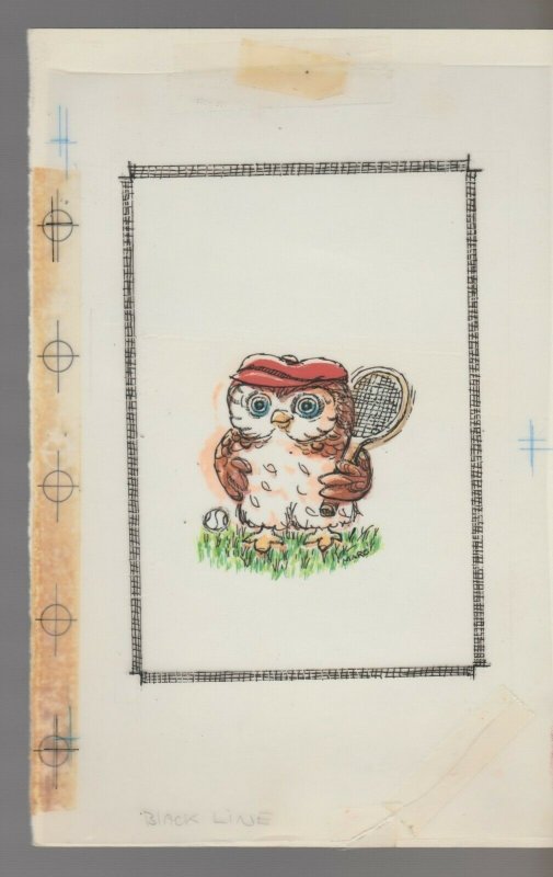 HAPPY BIRTHDAY Cartoon Owl w/ Tennis Racquet 5.5x8.5 Greeting Card Art #B8820