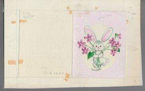 HAPPY EASTER Cute Bunny Rabbit with Purple Flowers 4x5 Greeting Card Art #E2221