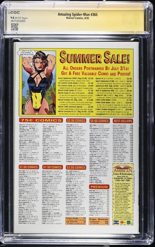 Amazing Spider-Man (1992) # 365 (CGC 9.4) Signed & Sketch Mark Bagley  * 1st App