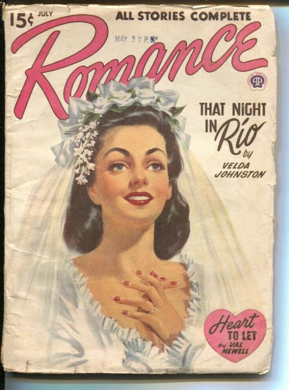 Romance 9/1946-Popular-bridal pin-up girl portrait cover-pulp romance-Velda J...