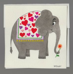 VALENTINE Cartooon Elephant w/ Heart Blanket 4.5x4.75 Greeting Card Art #V3433