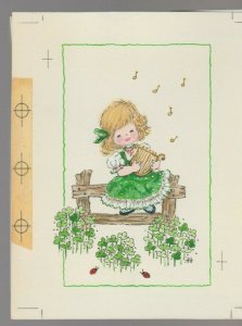 SINGING GIRL WITH HARP & CLOVER 6x7 #7824 St Patrick's Day Greeting Card Art