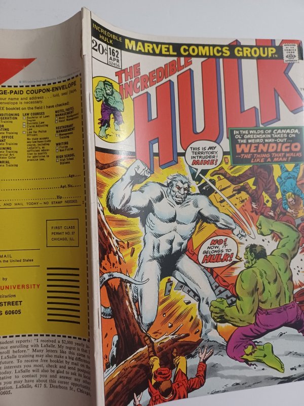 Incredible Hulk #162 - 1st appearance Wendigo - KEY - 1973 - VG/FN