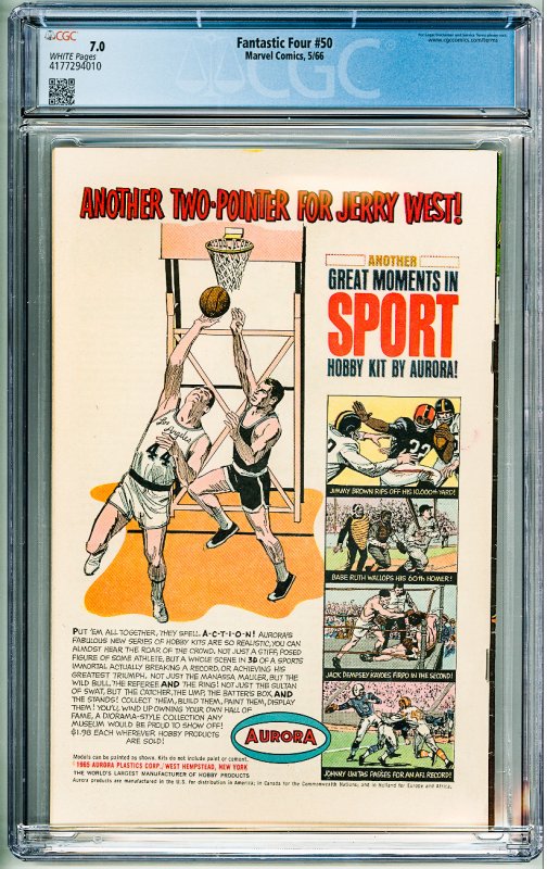 Fantastic Four #50 (1966) CGC 7.0! White Pages!