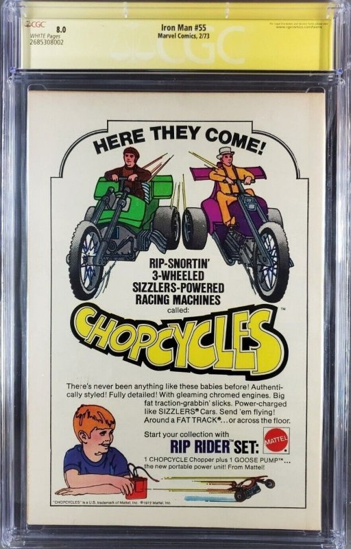 Iron Man #55 (1973) CGC 8.0 WP Signed Starlin 1st App Thanos Drax Starfox Eros|