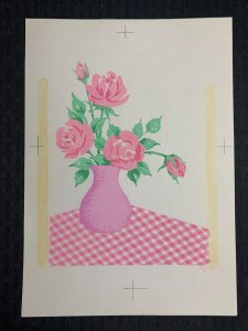 VALENTINES DAY Pink Roses on Checkered Table 7x10 Greeting Card Art #37008