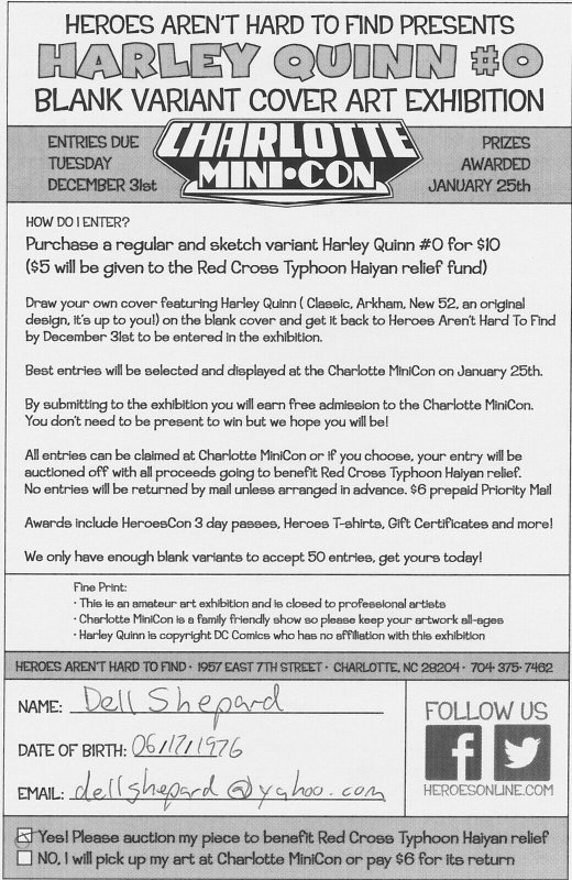 RED CROSS HARLEY QUINN ART CHARLOTTE MINI CON 2013 SIGNED BY DELL SHEPARD EB200