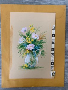 FOR YOU Yellow Blue & Pink Flowers in Glass Vase 6x9 Greeting Card Art C9609