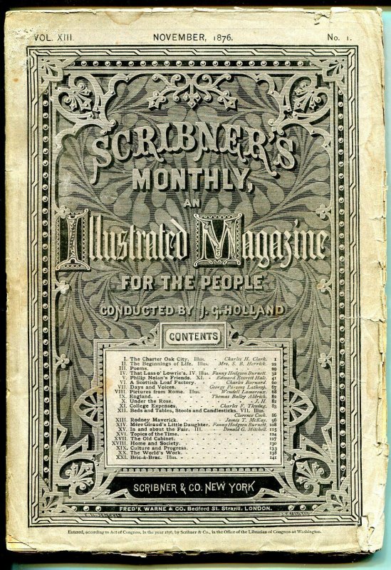 Scribner's Monthly  Magazine-11/1876-historic-pulp thrills-post Civil War-VG