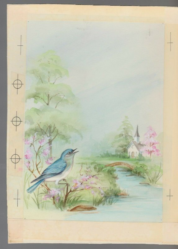 SOMEONE SPECIAL Bird w/ Church Stream & Bridge 6.5x9 Greeting Card Art #E2869