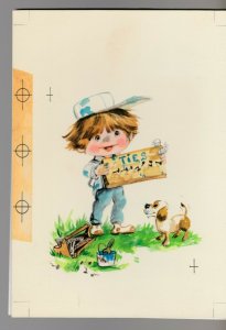 FATHERS DAY Cute Boy w/ Dog & Painted Sign 5.5x7.5 Greeting Card Art #FD7628