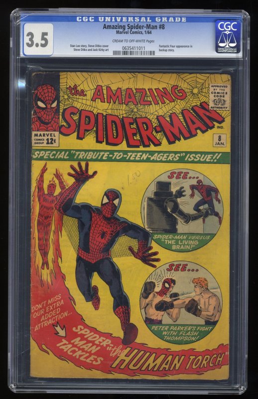 Amazing Spider-Man #8 CGC VG- 3.5 1st Appearance Living Brain! Human Torch!