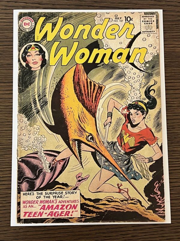Wonder Woman #107 (1959). GD/VG. 1st advs. of Wonder Girl. 1st app Merboy.