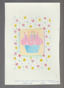 HAPPY BIRTHDAY Cupcake with Candles 7.25x11 Greeting Card Art #8318