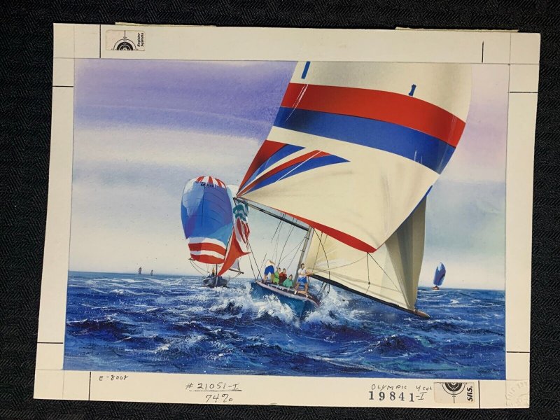 BIRTHDAY Red White & Blue Sailboats on Ocean 9.5x7 Greeting Card Art #8002