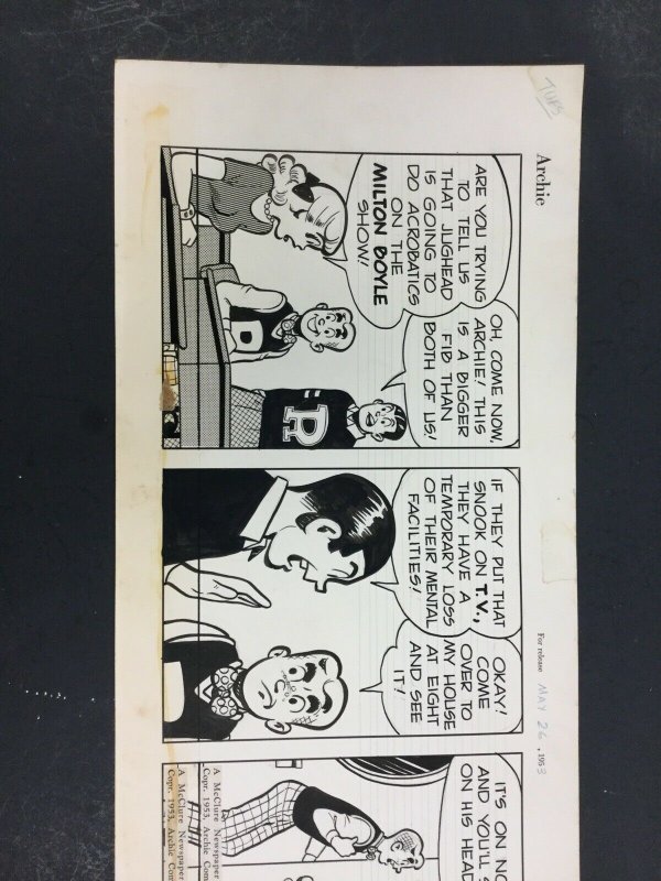 Bob Montana Original Archie Comic Strip 5/26/53,Archie.Betty,Reggie,Jughead 